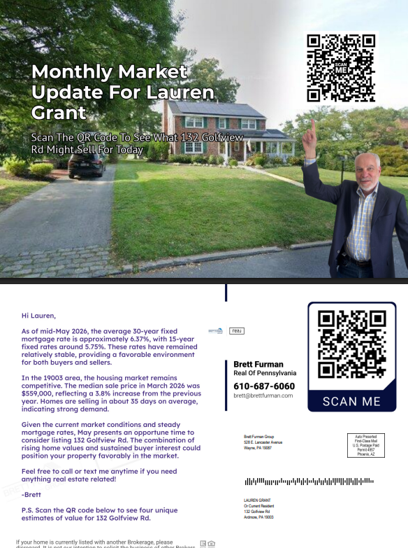 Monthly Market Update postcard example from Brett Furman with a QR code to scan for a home value estimate
